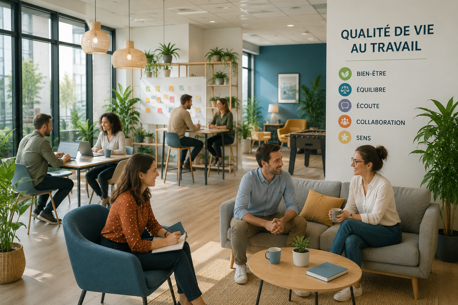 Équipe diverse en discussion dans un espace de travail