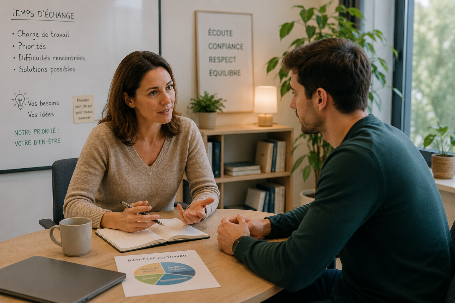Manager échangeant avec une collaboratrice dans un bureau