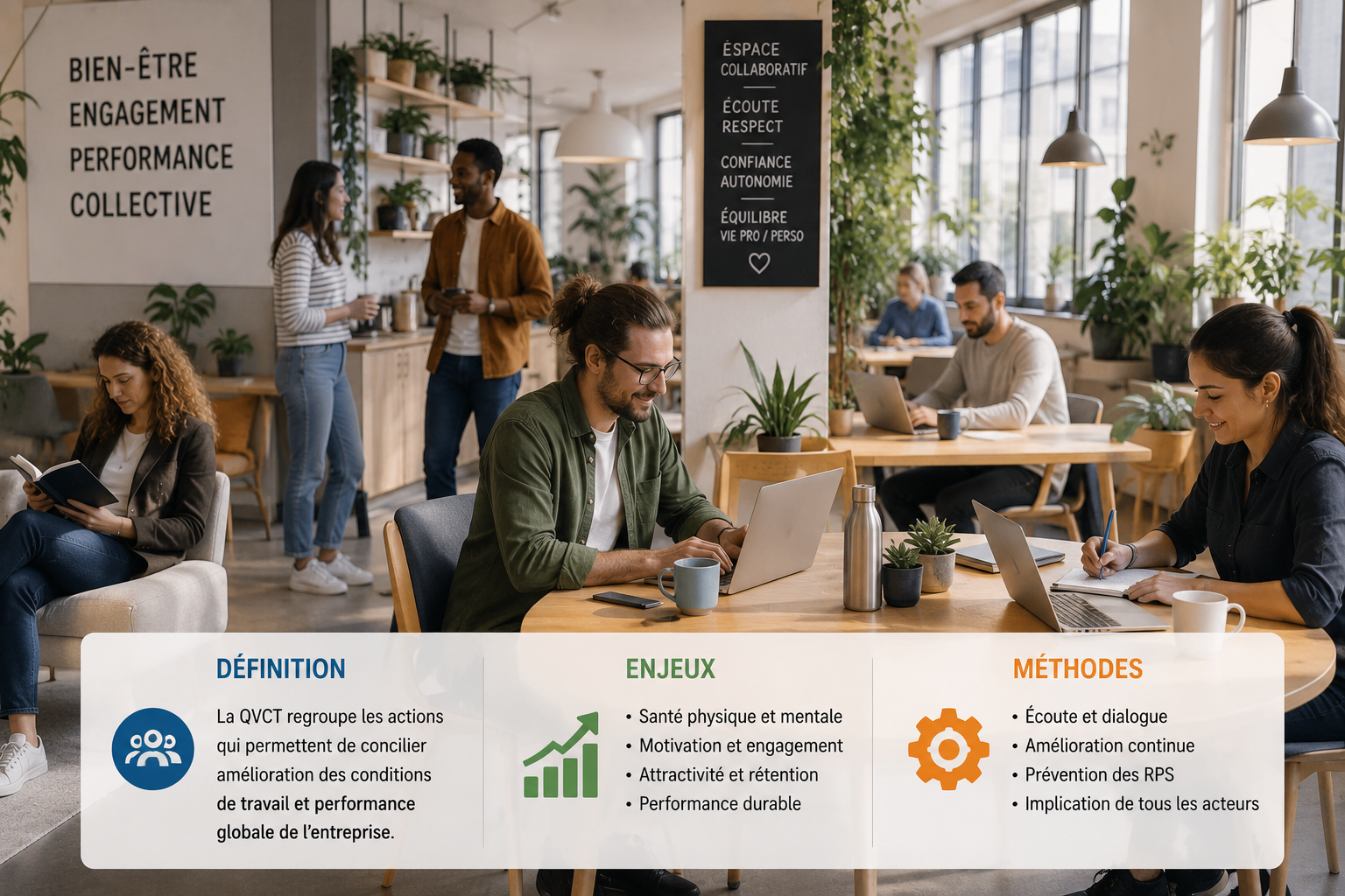Collaborateurs discutant de qualité de vie et conditions de travail