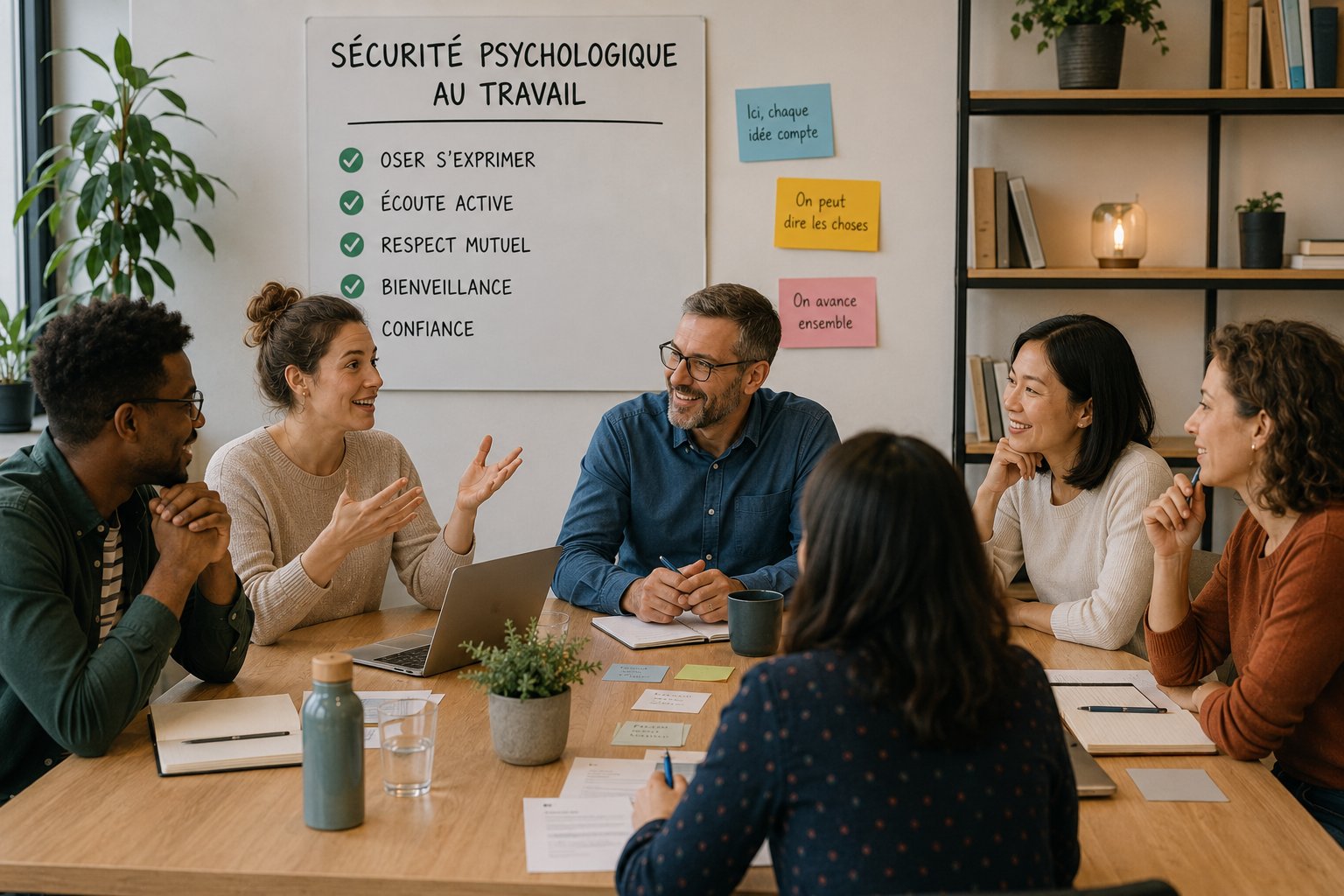 Équipe en discussion ouverte dans un espace de travail